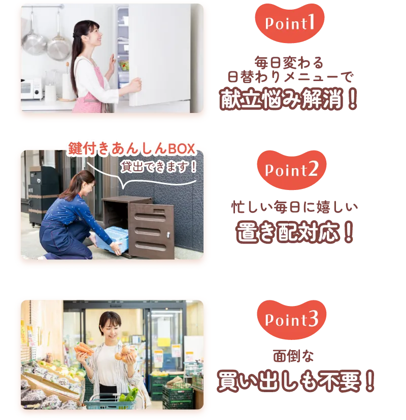 ポイント１、毎日変わる日替わりメニューで献立悩み解消！ポイント２、忙しい毎日にうれしい置き配対応！ポイント３、面倒な買い出しも不要！