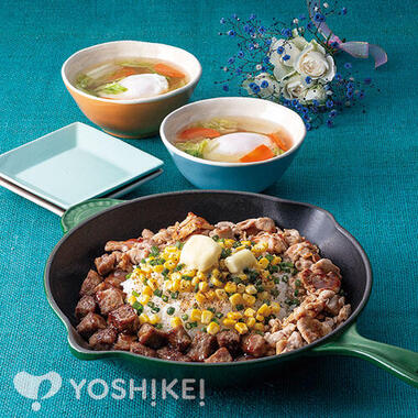 包丁いらず!牛サイコロステーキ(成型肉)と豚肉のバターライス