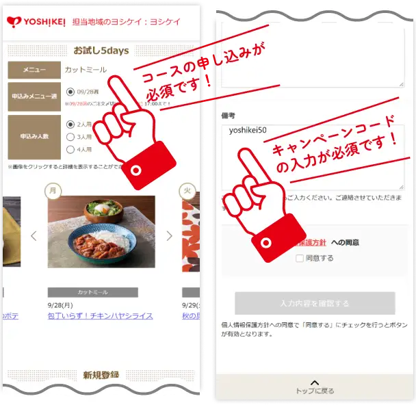 ユーザー情報とキャンペーンコード入力画面