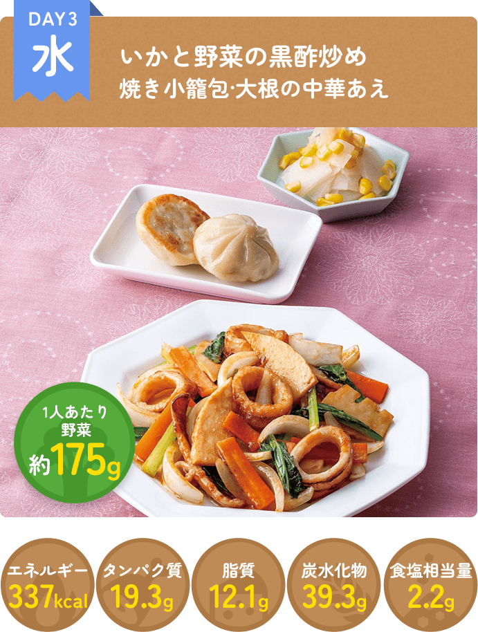 DAY3 いかと野菜の黒酢炒め 焼き小籠包 大根の中華和え
