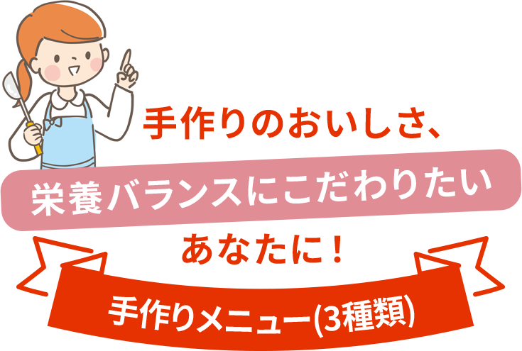 手作りのおいしさ、栄養バランスにこだわりたいあなたに！ 手作りメニュー（3種類）