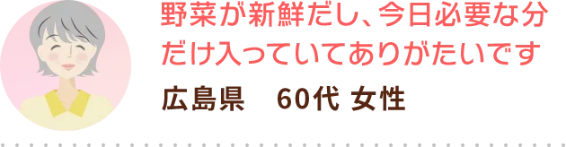 野菜が新鮮だし、今日必要な分だけ入っていてありがたいです 広島県　60代 女性
