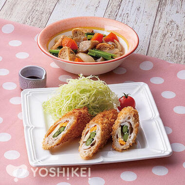 ２種のチーズとアスパラの肉巻きフライ