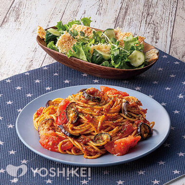 トマトとなすのミートソーススパゲティ