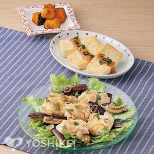 なすと蒸し鶏の香味ドレッシングあえ