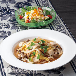 ワンパン3種のきのこの和風スープパスタ